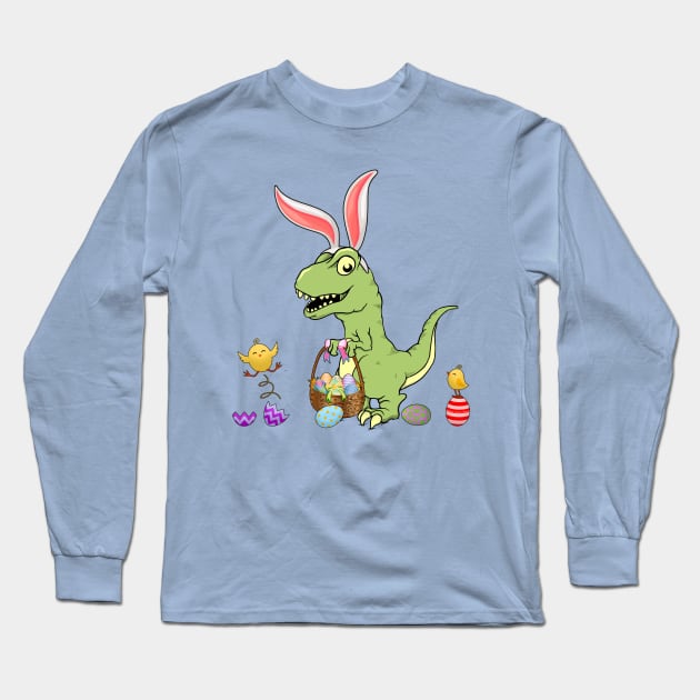 Cute Baby Dinosaur with Easter Basket and Bunny Ears Long Sleeve T-Shirt by Dibble Dabble Designs